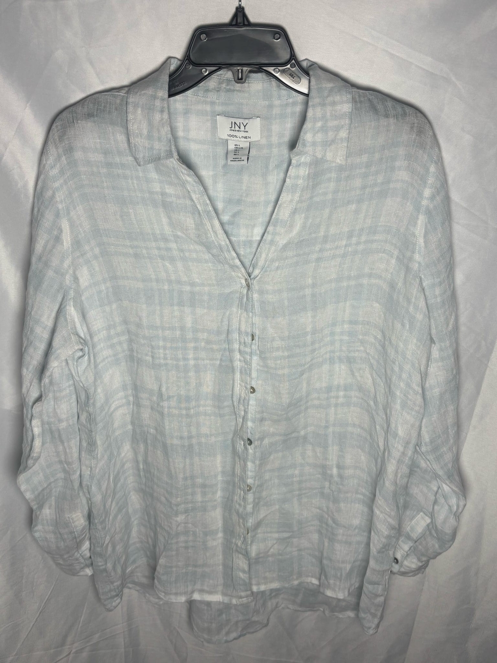 Jones New York Light Blue Plaid Linen Button-Down Shirt